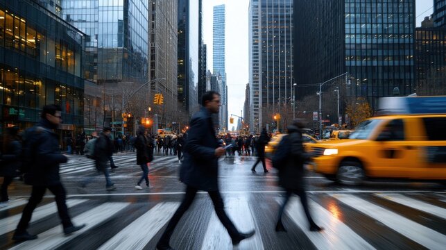 A busy city street with people walking and cars driving