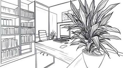 Modern home office sketch, desk plant, bookshelves, work