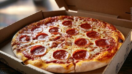 A pepperoni pizza is sitting in a cardboard box