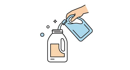 Hand pouring liquid from one plastic container into another. Refilling or decanting solution. Simple line art illustration.