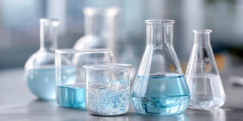 Laboratory glassware with various liquids in scientific setting