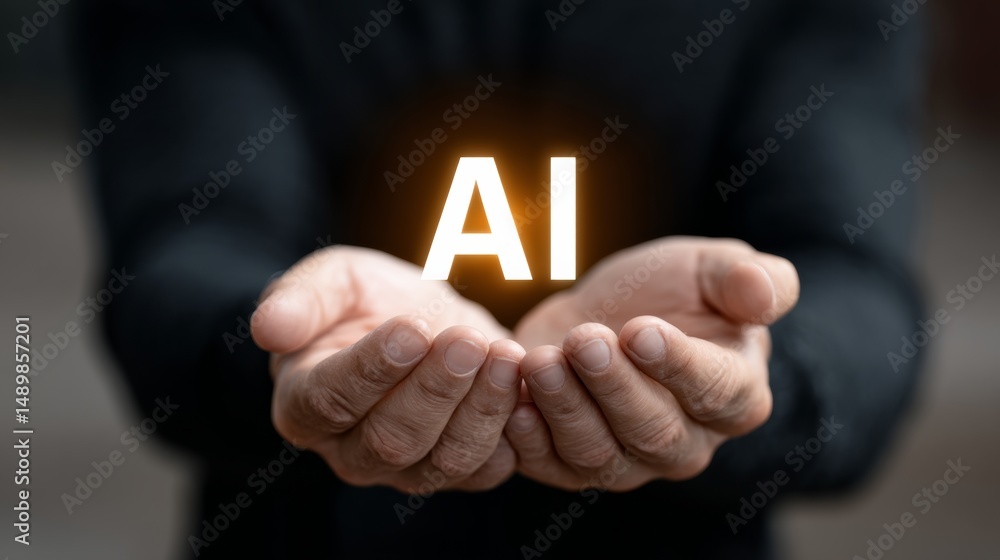 Poster man is holding up his hands to show the letters ai. concept of importance and innovation, as ai is a
