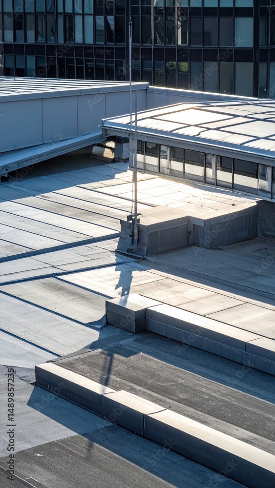 Poster light interaction on rooftop surfaces captured in urban setting