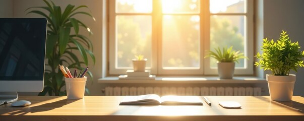 Bright sunlight streams onto a clean, empty home office desk, bright, interior, photo