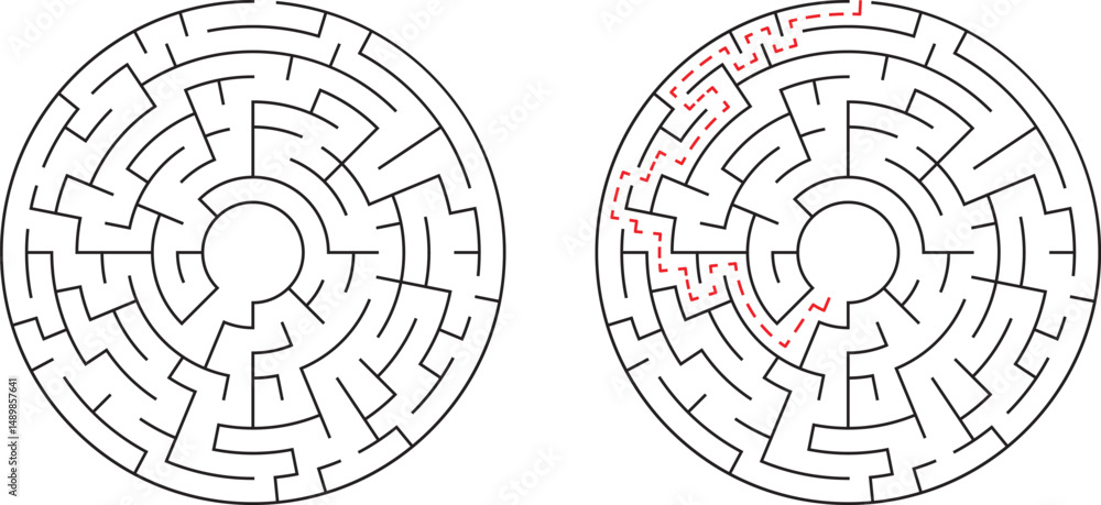 Aufkleber circular maze illustration shows both the unsolved and solution paths in black and white
