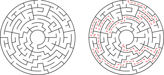 Circular maze with solution path illustrated showing strategy and problem solving concepts