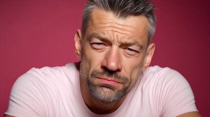 Obraz premium Man with a beard and gray hair is wearing a pink shirt and looking down. He is sad or upset