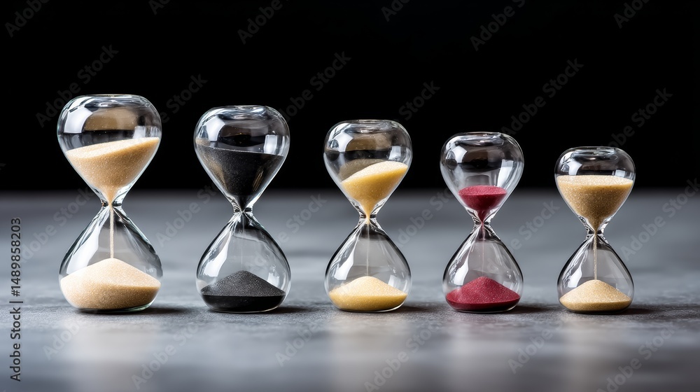 Poster row of sand timers are lined up on a table. the sand timers are all different colors and sizes, but 
