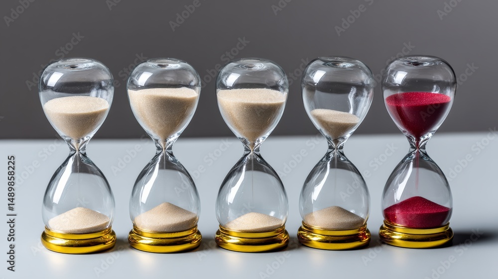 Poster row of five sand timers, one of which is red, are lined up on a table. each timer has a different am
