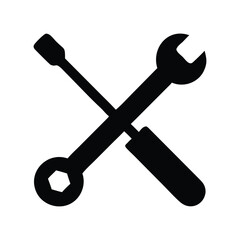Black and white icon of a wrench and screwdriver crossed tools against a white background