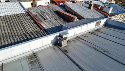 Naklejka premium Diverse Rooftop Surfaces Showcasing Urban Architectural Landscape