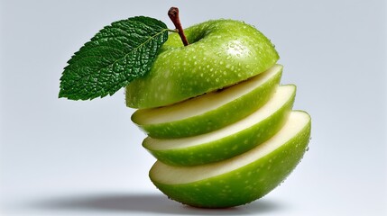 Green apple with a leaf on top is cut into four pieces. Concept of freshness and health, as apples are often associated with these qualities