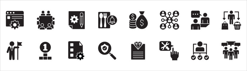 Business management flat icon set. Contains symbol of businessman, target, finance, lunchtime, success, hierarchy, data, reward, work, money, employee, task, shop, meeting, job. Vector illustration