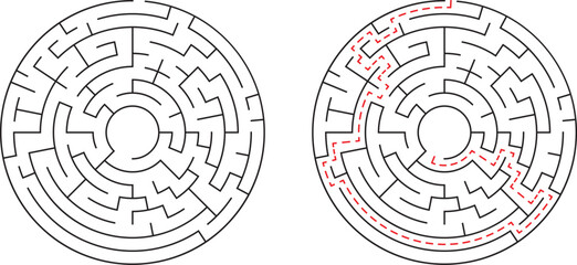 Solved and unsolved circular labyrinth puzzle showing a clear solution path and maze detail