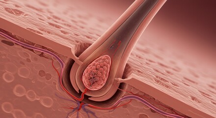 Microscopic View of Hair Follicle and Root Structure: A Detailed 3D Rendering
