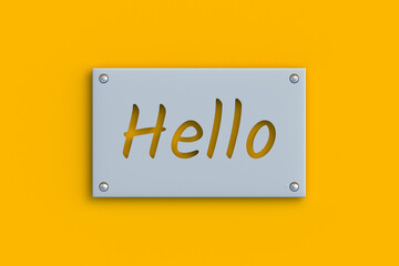 Hello word cutout on metal plate. Greeting concept. Starting a conversation. Friendly communication. Kind salutation. 3d render