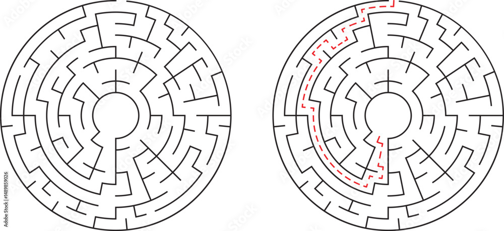 Poster a challenging black and white circular maze with the path to solution highlighted