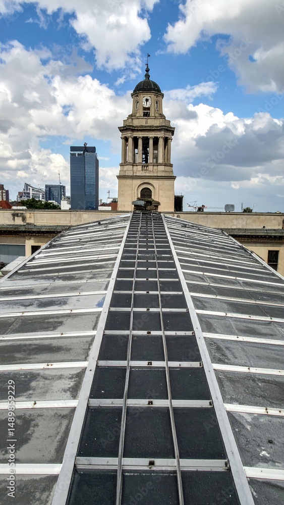 Poster rooftop view with dynamic energy and activity in urban setting