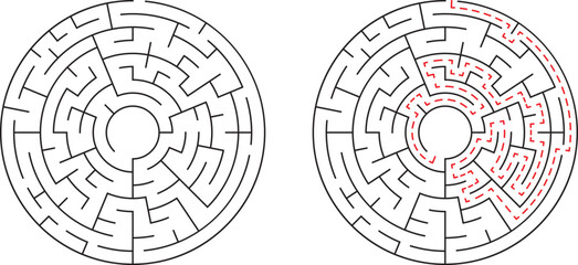 A circular maze design with unsolved path and solved solution in a conceptual arrangement