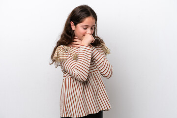 Little girl isolated on white background coughing a lot
