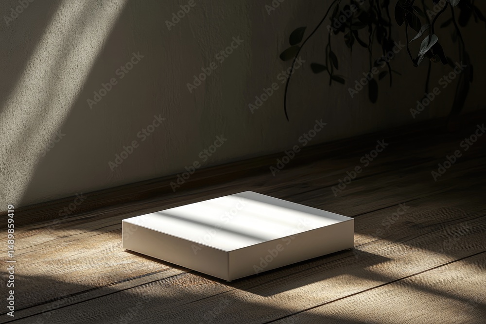 Poster a minimalist scene sunlight streams through a window, illuminating a blank white square box resting 