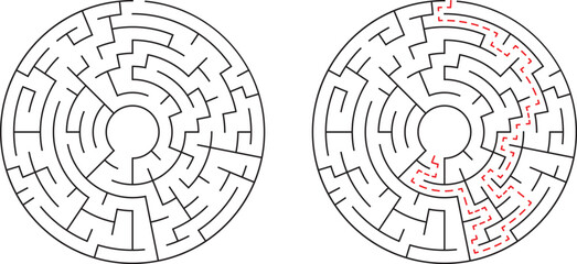 Circular maze with solution illustrated in red lines represents problem solving and strategy