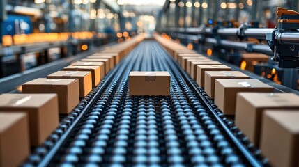Obraz premium Packages moving on a conveyor belt in a modern distribution center