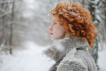 Fototapeta premium Winter Wonderland: Redhead Girl in Snowy Forest, Experiencing the Magic of a Frosty Day, Wearing a Cozy Coat, with Falling Snowflakes, Creating a Serene and Peaceful Atmosphere, Embracing the Beauty o