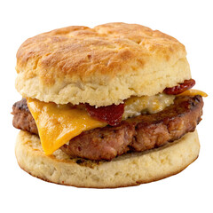 Isolated on a white background, a grilled beef hamburger with lettuce and tomato is a fast food meal