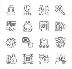 Business company Icon set. Management icon set. Contains symbol of success, data, reward, work, money, employee, businessman, target, finance, lunchtime, shop, meeting, education. Vector illustration