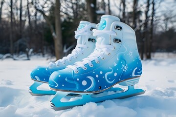 Winter Wonderland Ice Skates:  A Pair of Sky-Blue Figure Skates with Celestial Designs Resting in the Snow, Ready for a Graceful Glide Across the Frozen Surface. Embark on a Frosty Adventure, Enjoying