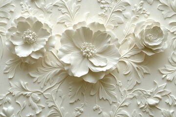Ornate white floral relief design on a textured background.
