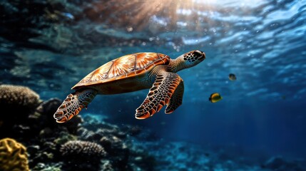 A turtle swimming in the ocean with a fish in its mouth