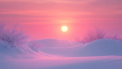Selbstklebende Fototapeten Winter sunrise, frosted landscape bathed in vibrant pink hues © Hamba