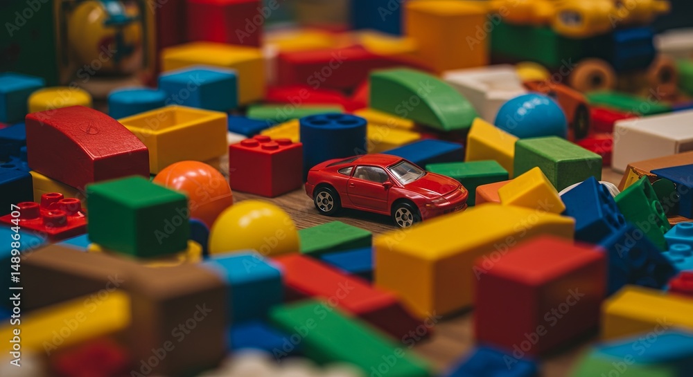 Poster a red toy car is sitting in a pile of colorful blocks