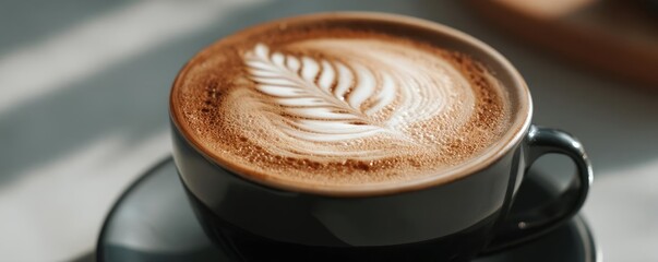 Coffee art latte under natural light with macro shot concept. A beautifully crafted cup of coffee with latte art design.