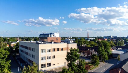 Fototapeta premium Rooftop View of Various Buildings Including Hospital and School