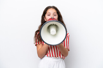 Little girl isolated on white background shouting through a megaphone to announce something