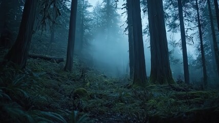 Obraz premium Foggy Woodland Landscape with Dark Tree Trunks and Glowing Groundcover