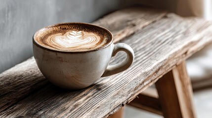 Coffee art latte under natural light with macro shot concept. A beautifully crafted latte art coffee cup on a rustic table.