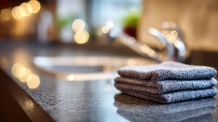 Folded Blue Towel Placed Neatly on Smooth Kitchen Counter with Bokeh Background Lighting