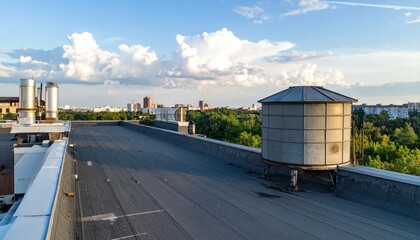 Rooftop View with Water Tank and City Skyline on a Clear Day