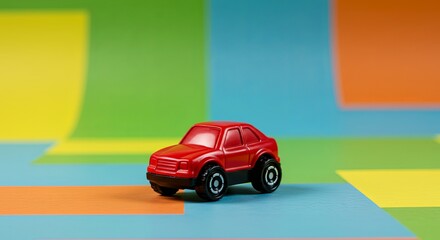 A red toy car is sitting on a colorful background
