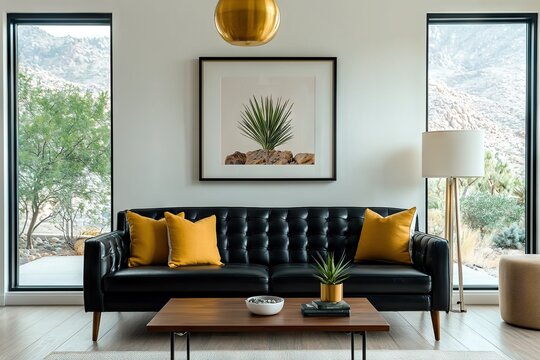 Modern living room design with black sofa and green accents contemporary home interior decor bright natural light