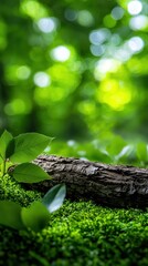 A peaceful forest setting features a moss-covered log resting on the ground surrounded by vibrant green leaves and soft sunlight filtering through the trees