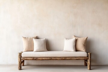 Minimalist wooden sofa design in a neutral living room modern home decor cozy atmosphere product photography
