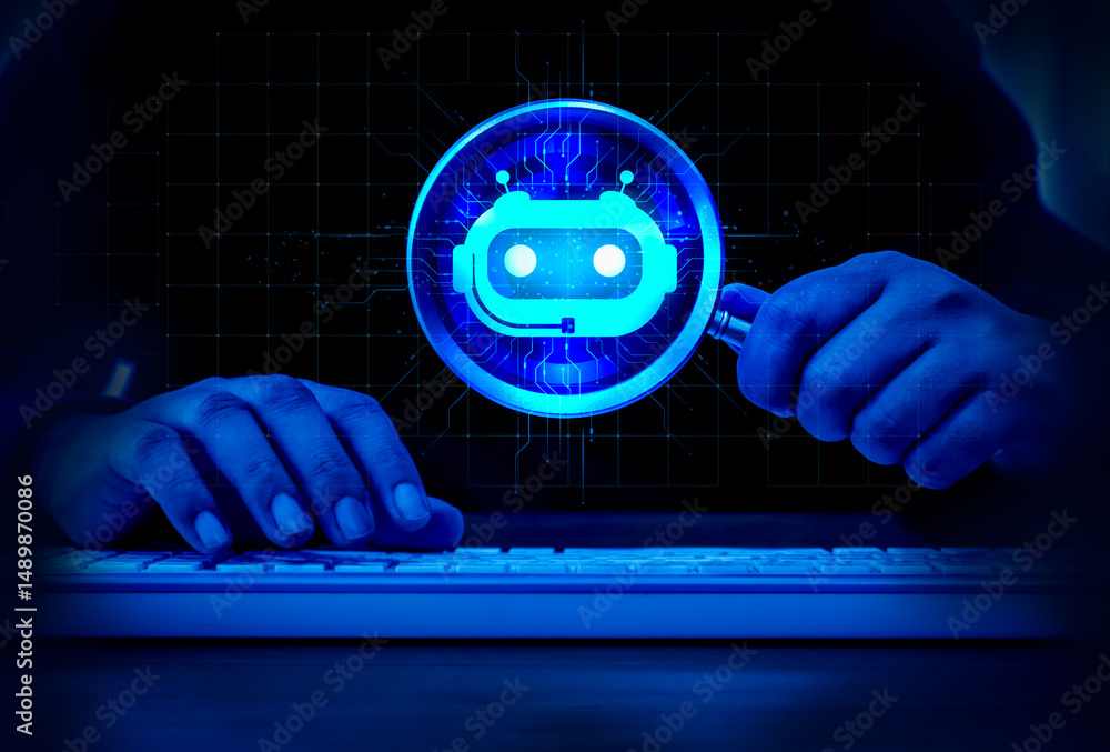 Poster ai chatbot, search optimization tools, online technology concept. blue glowing robot icon with circu