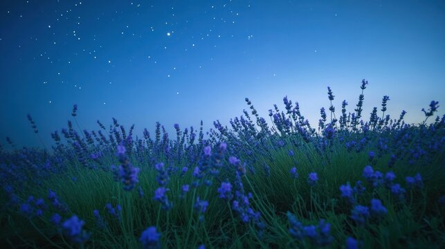 Fototapeta Night lavender field, stars, tranquility, nature, serenity, calm, peaceful, background, website