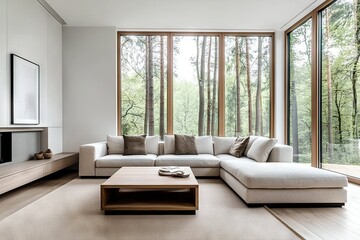 Modern living room design with cozy sofa forest view interior decor tranquil environment wide angle comfort concept