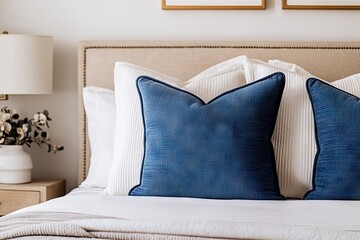 Elegant blue decorative pillows on cozy bed modern bedroom home decor stylish environment close-up view